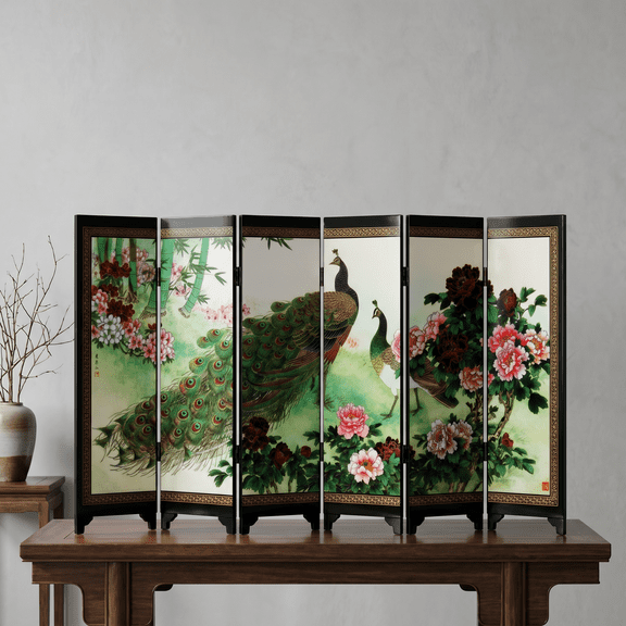 Wooden 6-Panel Peacock Desktop Folding Screen – Tabletop Decorative Partition, Chinese Lacquer Art Gift, Handmade Room Divider for Home Office Shelf Display