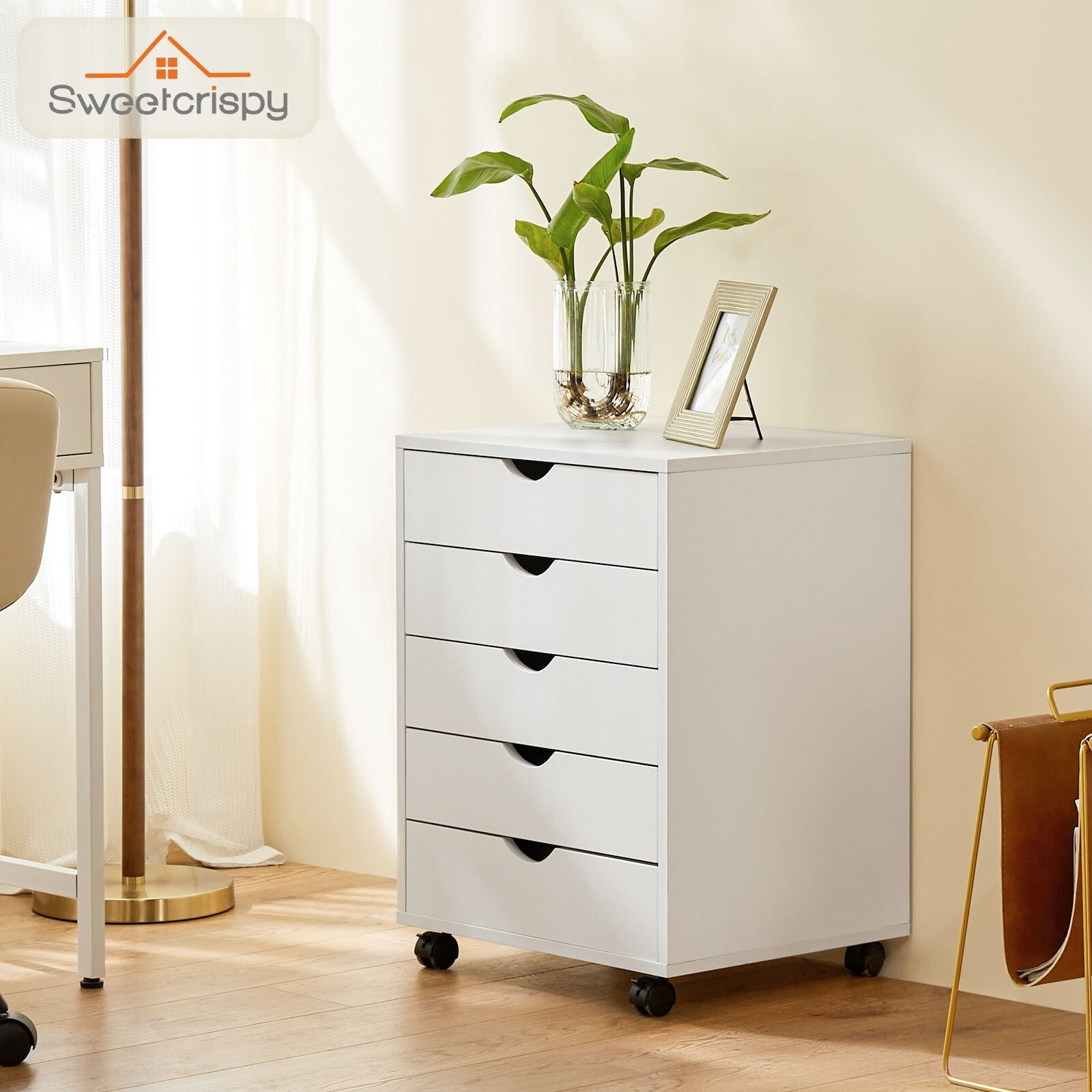 White 5-Drawer MDF Chest with Casters