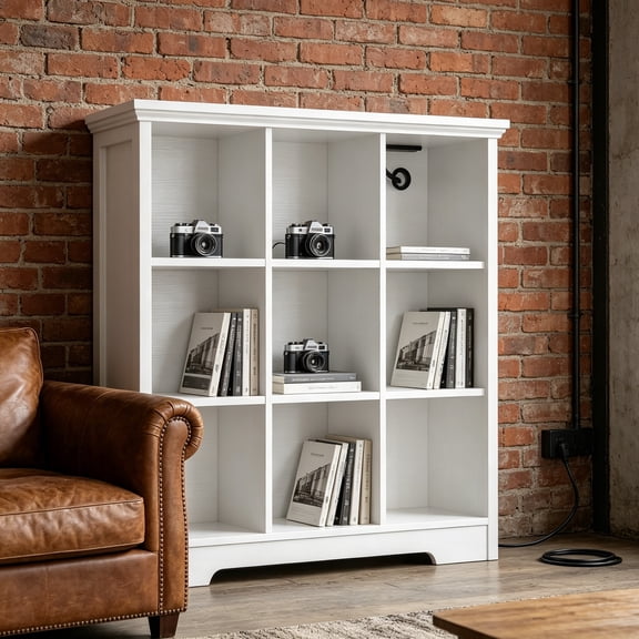 Wooden 9-Cube Storage Organizer with Charging Ports, Modern Cube Bookcase with Base, 4-Tier Floor Standing Open Cubbies Bookshelf, Cubicle Display Shelf for Home and Office, White