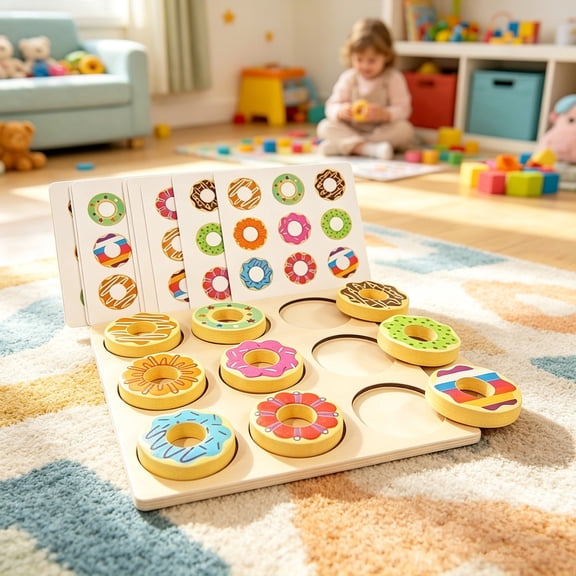 Wooden 9 PCS Donut Matching Game, Dessert Cards Engaging Food Memory Game, Educational Learning Toys, Preschool Classroom Activity, Fine Motor Skills Toy, Xmas Birthday Gift for Toddlers