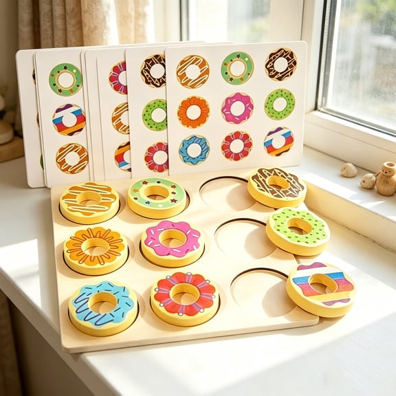 Wooden 9 PCS Donut Matching Game, Dessert Cards Engaging Food Memory Game, Educational Learning Toys