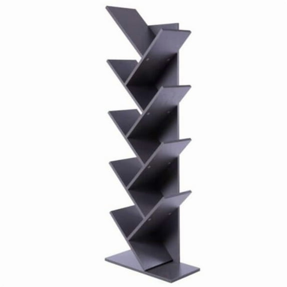 Wooden 9-Shelf Tree Magazine CD Storage Bookcase, Gray