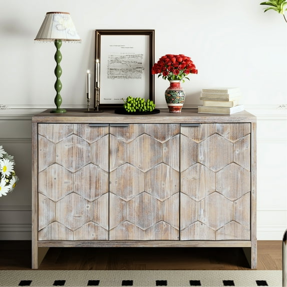 Wooden Accent Cabinet 3 Door Sideboard Buffet Server Storage For Dining Room. Natural Wood, Adjustable Shelves, Alluring Style Kitchen. Tempting