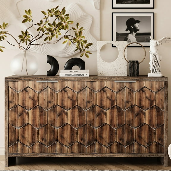 Wooden Accent Cabinet With 4 Doors. Sideboard Buffet Server Storage. Antique Natural Wood. Adjustable Shelves. And Fir Art , , Shabby Chic. Living Room, Entryway. 60 In. Depth, 15.3 Width, 32.39