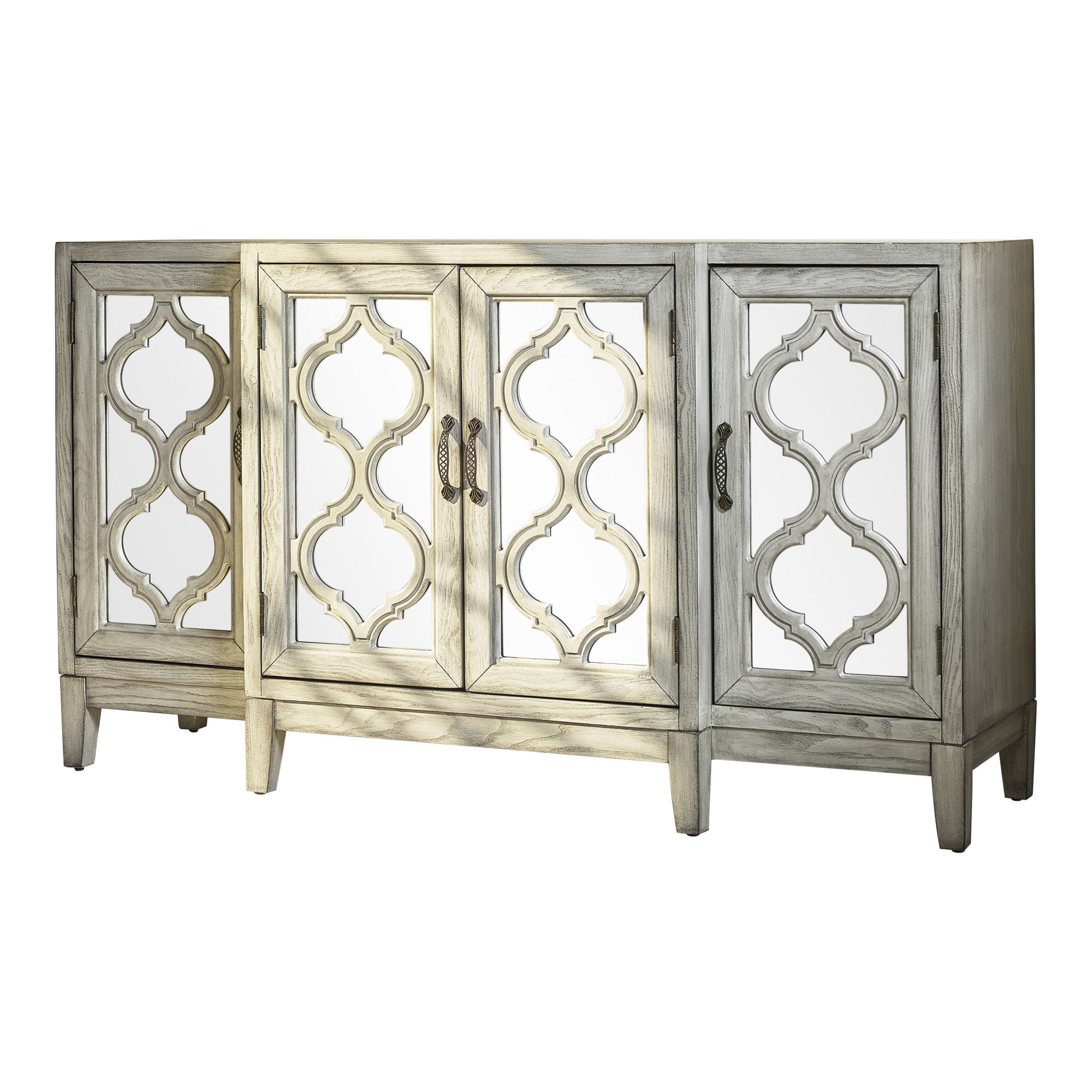 Wooden Accent Cabinet with 4 Mirrored Doors, Antique White