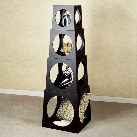 Wooden Accent Table Contemporary Modern Black Stackable Storage Cube Tower Set 4 Large