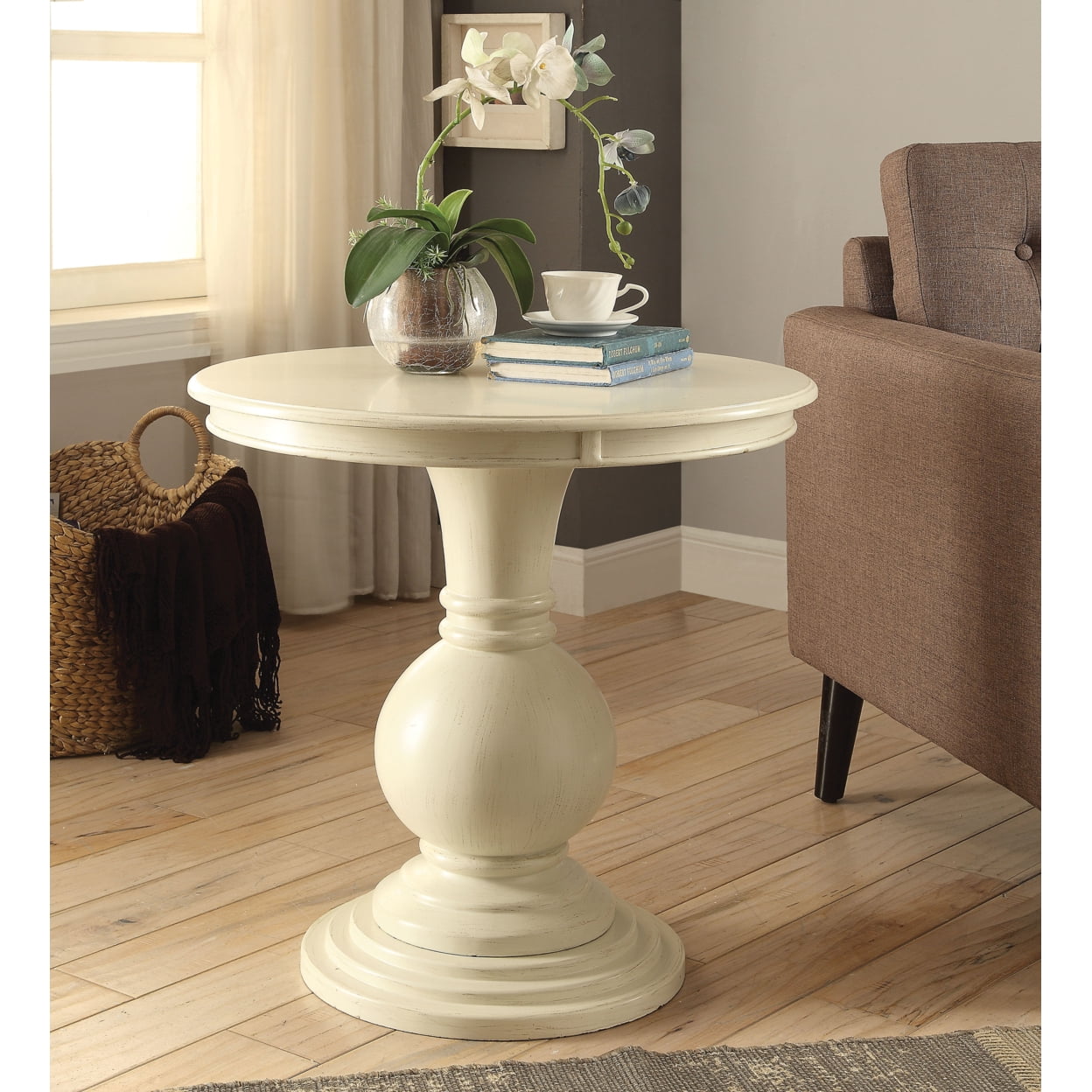 Wooden Accent Table with Pedestal Base Antique White Saltoro Sherpi