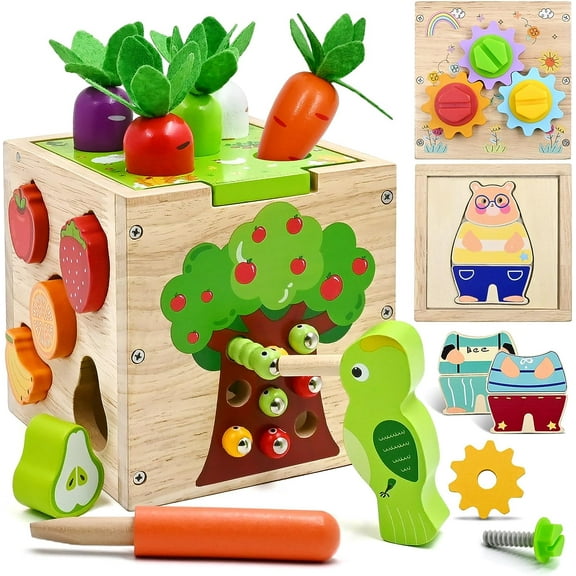 Wooden Activity Cube for Baby, Montessori Educational Fine Motor Skills Toddler Toy with Carrot Harvest, Sensory Fruit Shape Sorting, Animal puzzles, Worm & Gears Games, 1 2 3 Year Old Girl Boy Gift