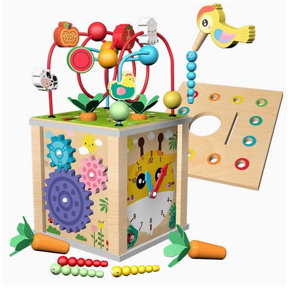 Wooden Activity Cube for Toddlers, 10-in-1 Montessori Learning Toy with 8-Tone Xylophone, Shape Sorter, Bead Maze, Gears & Color Matching, Educational Gift for Baby Boys Girls
