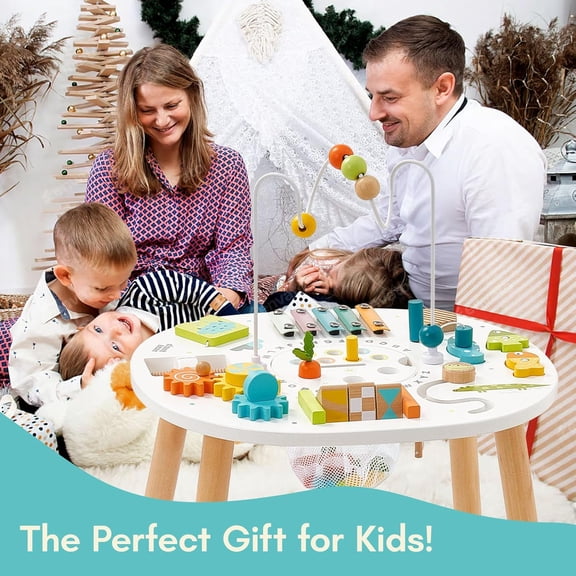 Wooden Activity Table for 1 Year Old, 11-in-1 Montessori Learning Table with Bead Maze, Shape Sorter, Fishing Game & More Sensory Development Toy for Toddlers, Ideal 1st Birthday Gift