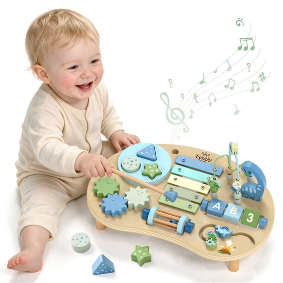 KWANITHINK Wooden Activity Table for 1 Year Old, 7-in-1 Montessori Toddler Activity Table with Bead Maze, Shape Sorter, Xylophone & Gears, Dinosaur Sensory Learning Toy