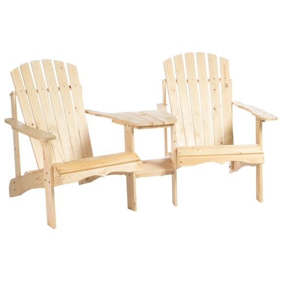 Wooden Adirondack Chair for Two with Center Table, Outdoor Fire Pit Seating Set for Patio Deck Backyard, Natural Fir Wood, 70L x 34.25W x 36.25H Inches