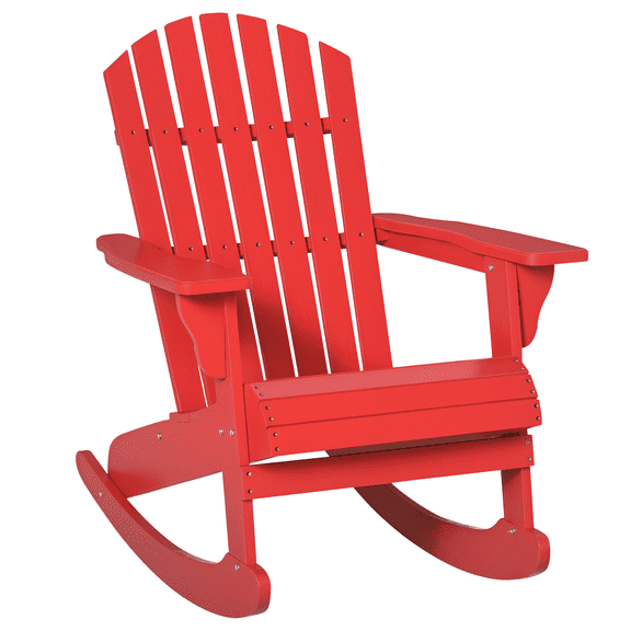 Wooden Adirondack Rocking Chair Outdoor Lounge Chair Fire Pit Seating with Slatted Wooden Design, Fanned Back, Red