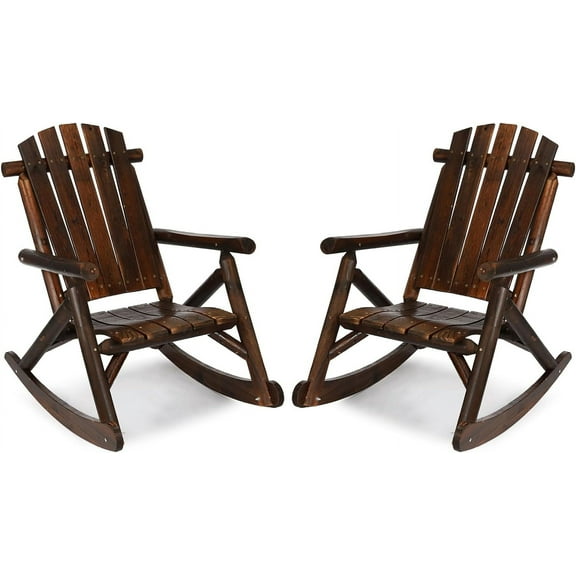 Wooden Adirondack Rocking Chair, Patio Log Rocker Outdoor Lounge Chair with Slatted Wooden Design, High Fanned Back & Classic Rustic Style for Garden Patio Backyard (Set of 2, Carbonized)