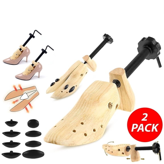 Wooden Adjustable 2-Way Shoe Stretcher with Bunion Plugs for Men & Women, Expander for Length & Width Relief, Fits Shoe Size US 5-13