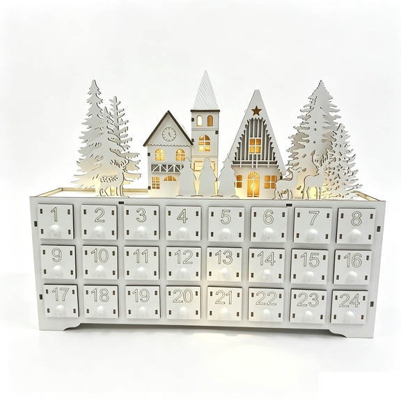 Wooden Advent Calendar, Christmas Advent Calendar House with 24 Drawers and LED Lights, Battery Operated Christmas Home Decoration, Battery not Included
