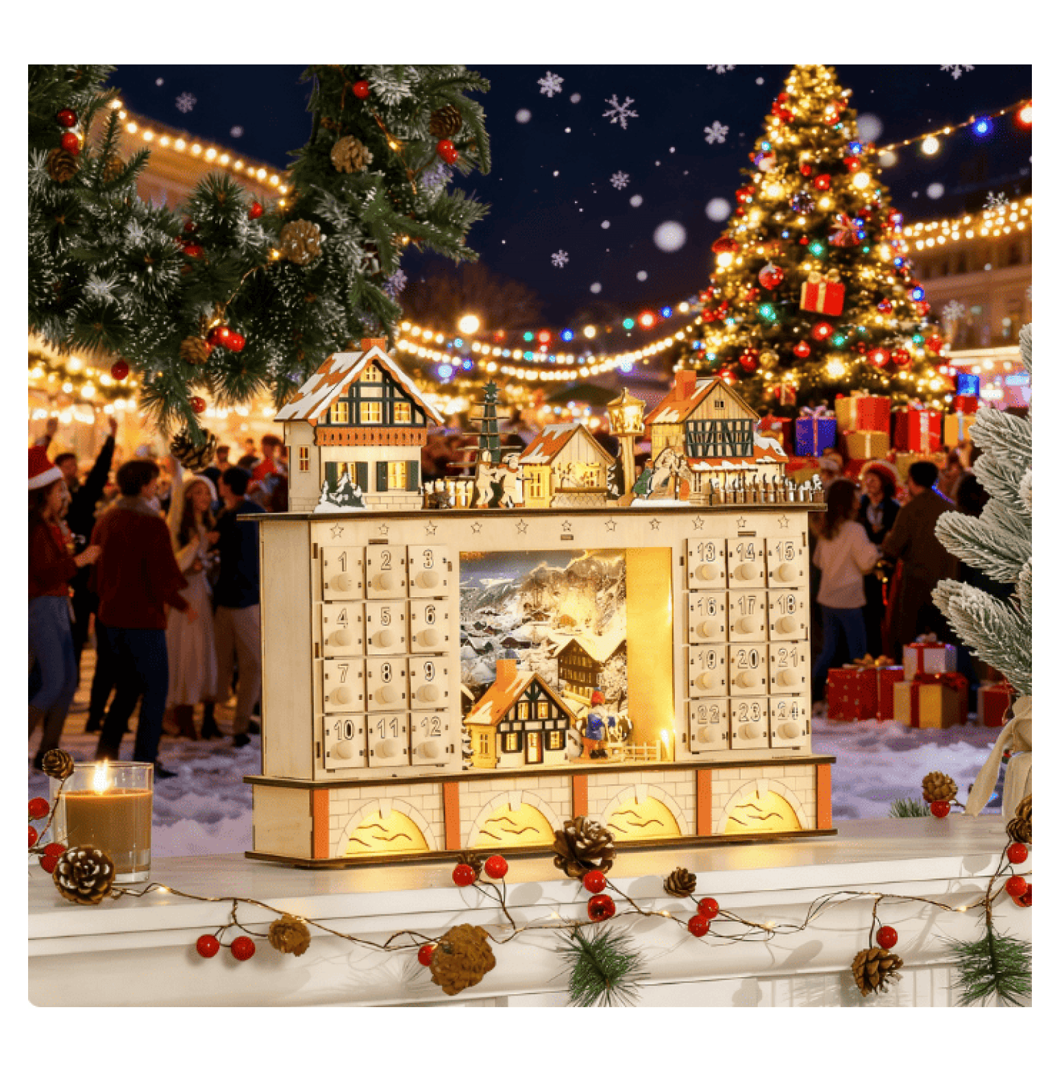 Wooden Advent Calendar Christmas Countdown - 17.25" Holiday Village
