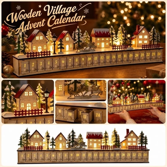 Wooden Advent Calendar with LED Lights, 24 Drawer Christmas Countdown Decor, Light Up Snow Village Tabletop Display, Nordic Holiday Gift Storage for Kids Home Mantel Decoration