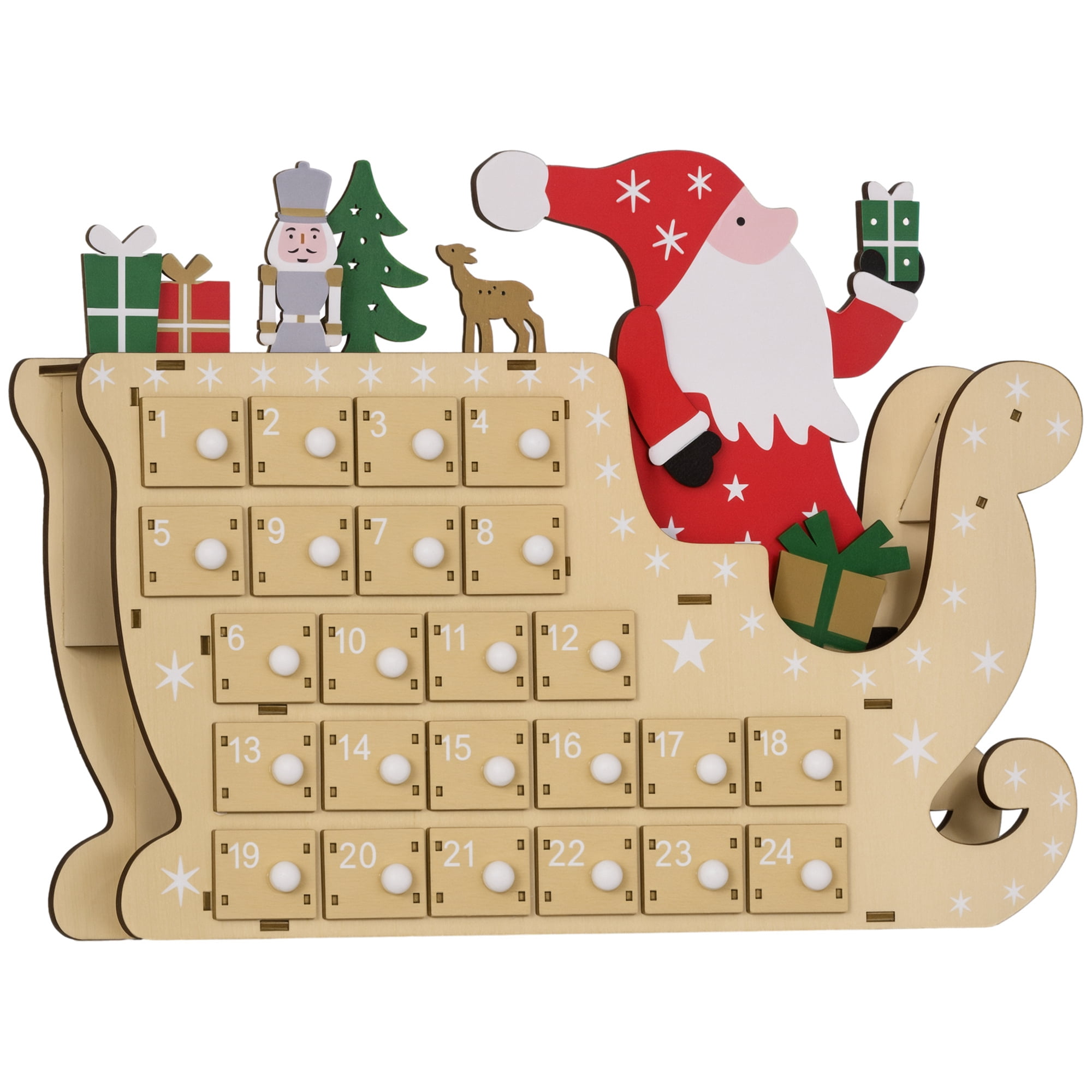 Wooden Advent Calendar Santa Sleigh Design 24 Drawers Reusable Christmas Countdown Decor