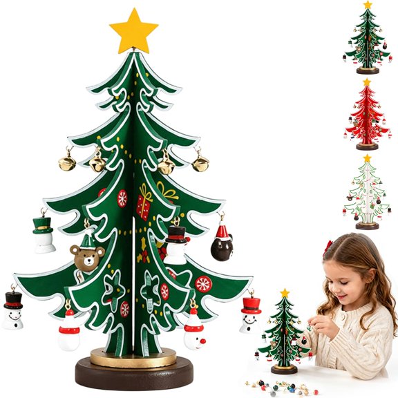 Wooden Advent Calendar Tree, 24 Day Countdown Tabletop Set with 30 Ornaments for Holiday Home Desk