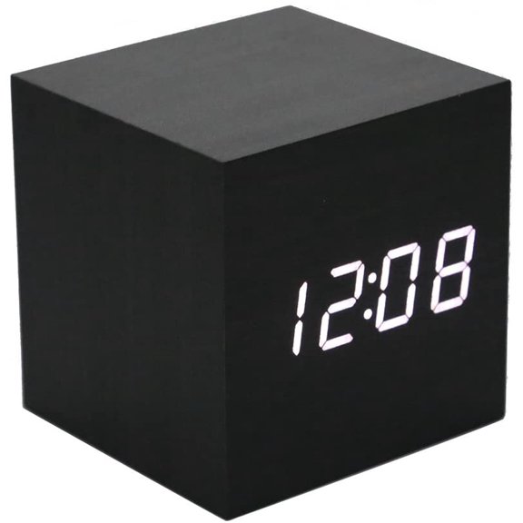 Wooden Alarm Clock - Mini Cube LED Digital Clock with Time/Date/Temperature Display, 3 Levels Brightness and Voice Control Great for Home Office Travel - AC10Black_White
