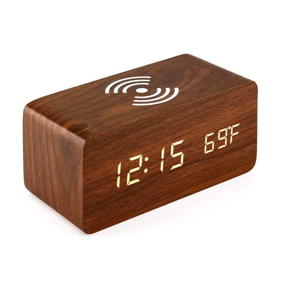 Wooden Alarm Clock with Qi Wireless Charging Pad Compatible with iPhone Samsung Wood LED Digital Clock Sound Control Function, Time Date, Temperature Display for Bedroom Office Home