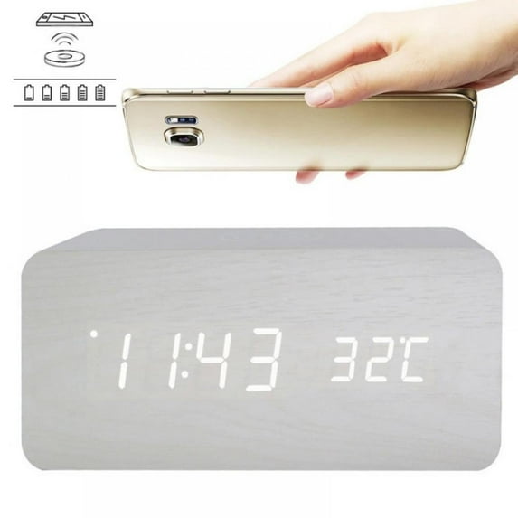 Wooden Alarm Clock with Qi Wireless Charging Pad Compatible with iPhone Samsung Wood LED Digital Clock Sound Control Function, Time Date, Temperature Display for Bedroom Office Home