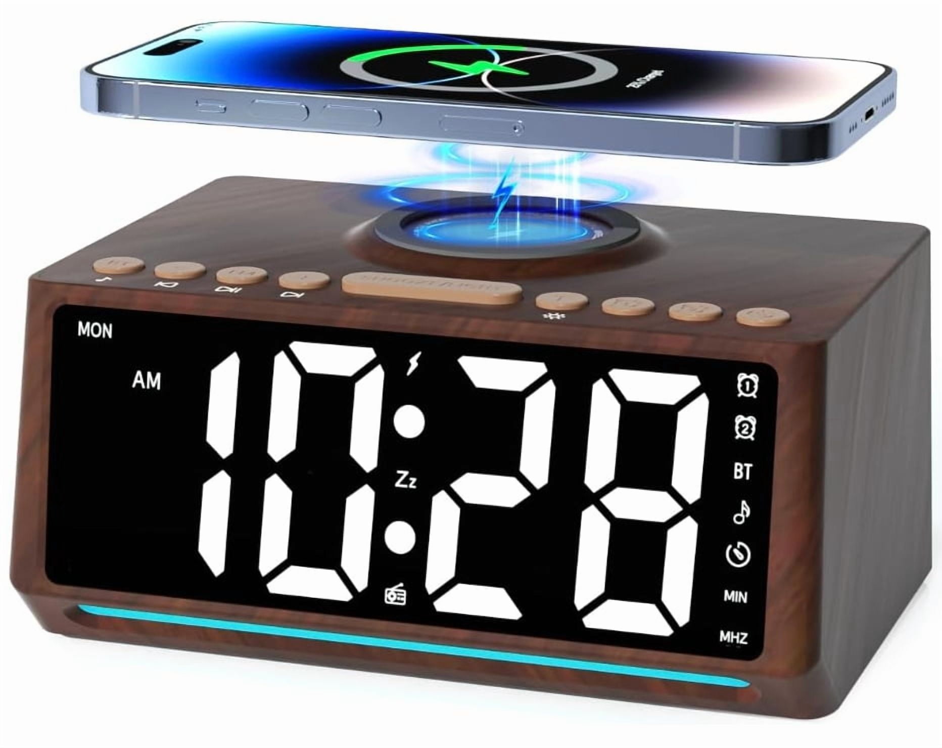 Wooden Alarm Clock Radio with Large Numbers, Bluetooth Speaker, 10W Wireless Charger, Dimmer, 7 Light Settings & 10 Natural Sounds, Bedside FM Radio for Bedroom Décor