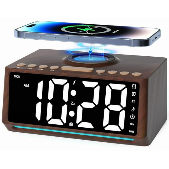 Wooden Alarm Clock Radio with Large Numbers, Bluetooth Speaker, 10W Wireless Charger, Dimmer, 7 Light Settings & 10 Natural Sounds, Bedside FM Radio for Bedroom Dcor