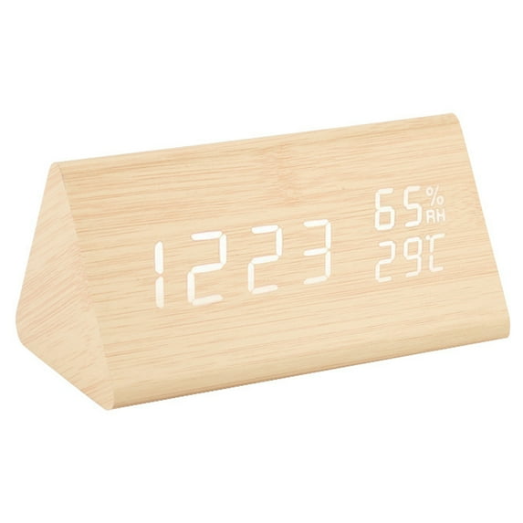 Wooden Wood Clock , New Version LED Alarm Digital Desk Clock Adjustable Brightness, Alarm Time, Displays Time Date Temperature,Log color，G169882