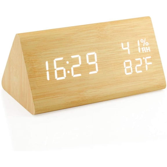 Wooden Alarm Clock, Wood Alarm Clock Smart LED Digital Clock for Bedroom/desks, Upgraded with Time Temperature, Adjustable Brightness and Voice Control, Humidity Displaying - Bamboo