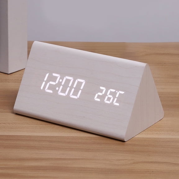 Wooden Alarm Clock, Wood Alarm Clock Smart LED Digital Clock for Bedroom/desks, Upgraded with Time Temperature, Adjustable Brightness and Voice Control, Humidity Displaying - White