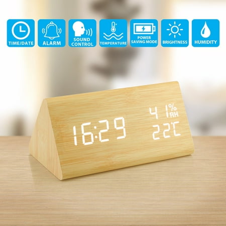 Wooden Alarm Clock, Wood LED Desk Clock, UPGRADED With Time Temperature, Adjustable Brightness, 3 Set of Alarm and Voice Control, Humidity Displaying - Bamboo