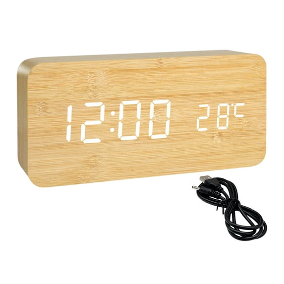 Wooden Alarm Clock with Large LED Screen Easy to Read Dimmable Snooze Digital Alarm Clock with Temperature Display