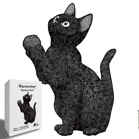Wooden Alien Cat Line-Up Puzzle Game, High Difficulty Hand-Assembled Toy
