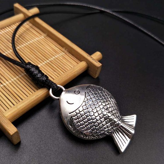 Wooden Alloy Vintage Leather Rope Sweater Chain Cotton Hemp Garment Pendant Long Ladies Necklace-I Fat Fish