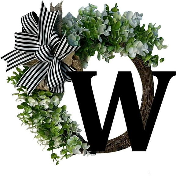 Wooden Alphabet Letter Decorative Wreath 38cm with Bow Door Hanging Wall Decor for Home Wedding Garden Welcome Sign