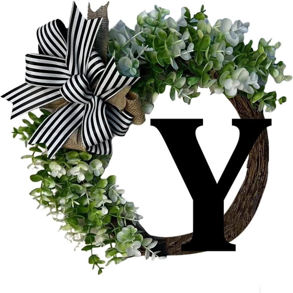 Wooden Alphabet Letter Decorative Wreath 38cm with Bow Door Hanging Wall Decor for Home Wedding Garden Welcome Sign