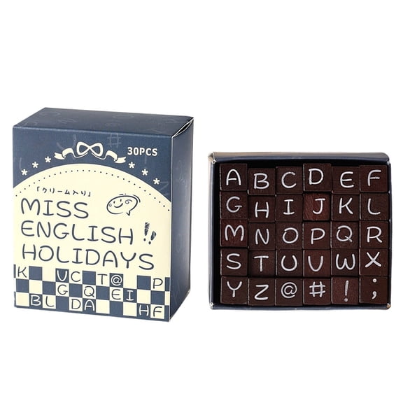 Wooden Alphabet Stamp Set 30-Piece Uppercase Letters | Solid Wood | Cream Ink Pad | DIY Journals Cards Scrapbooking