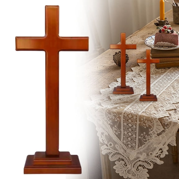 Wooden Altar Cross with Stand for Home Chapel Decor, 3D Carved Double-Sided Crucifix for Tabletop Mantel Display, Natural Wood Religious Ornament, Large, By VINOIC