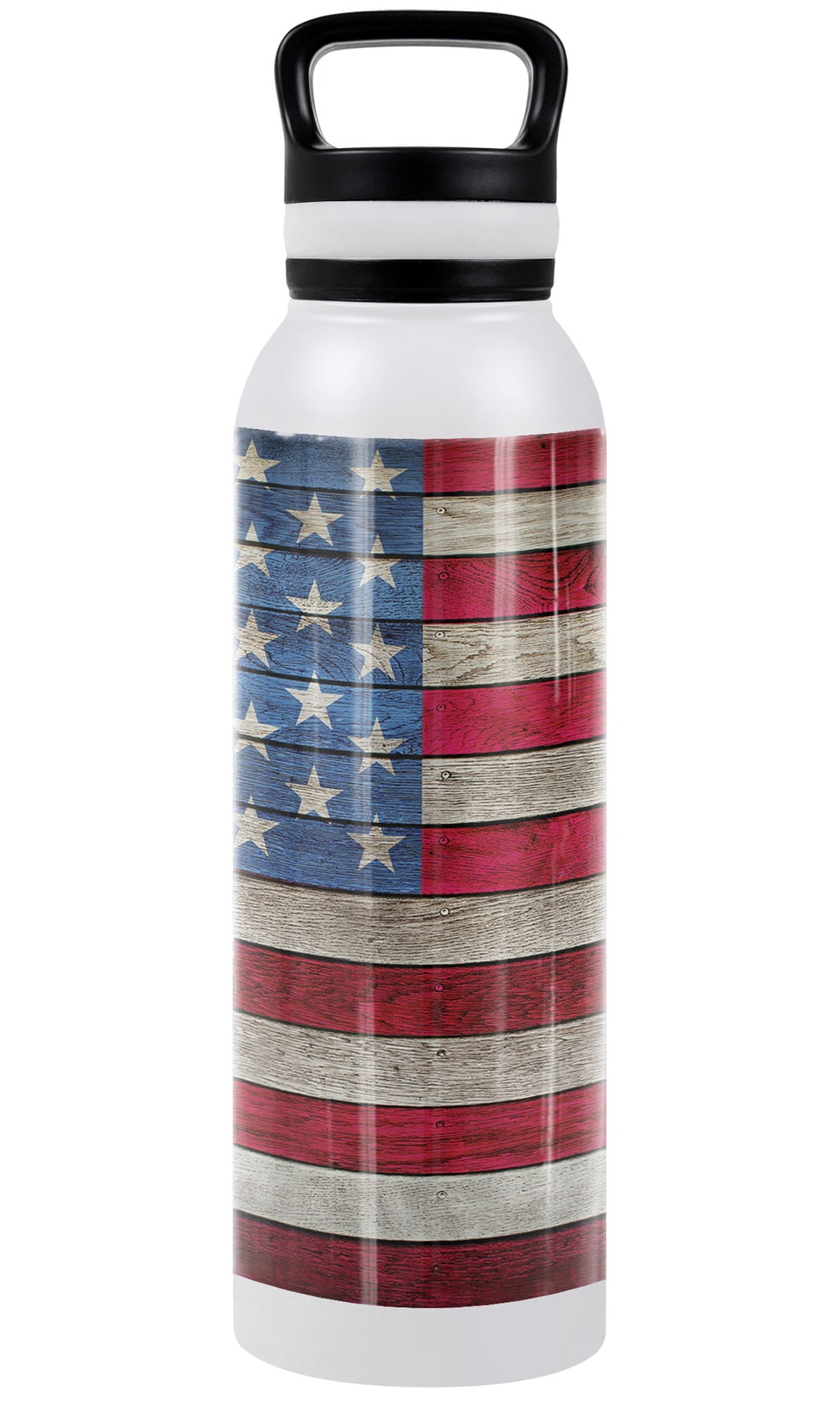 Wooden American Flag 24 oz Insulated Canteen Water Bottle, Leak Resistant, Vacuum Insulated Stainless Steel with Loop Cap