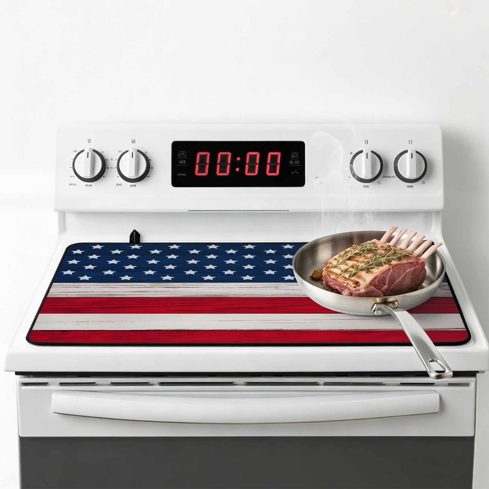 Wooden American Flag Stove Top Cover for Electric Stove, Heat-proof & Non Slip Glass Top Stove Cover Protector, Independence Day Star Striped Flag Kitchen Flat Cooktop Rubber Mat 24x21 Inches