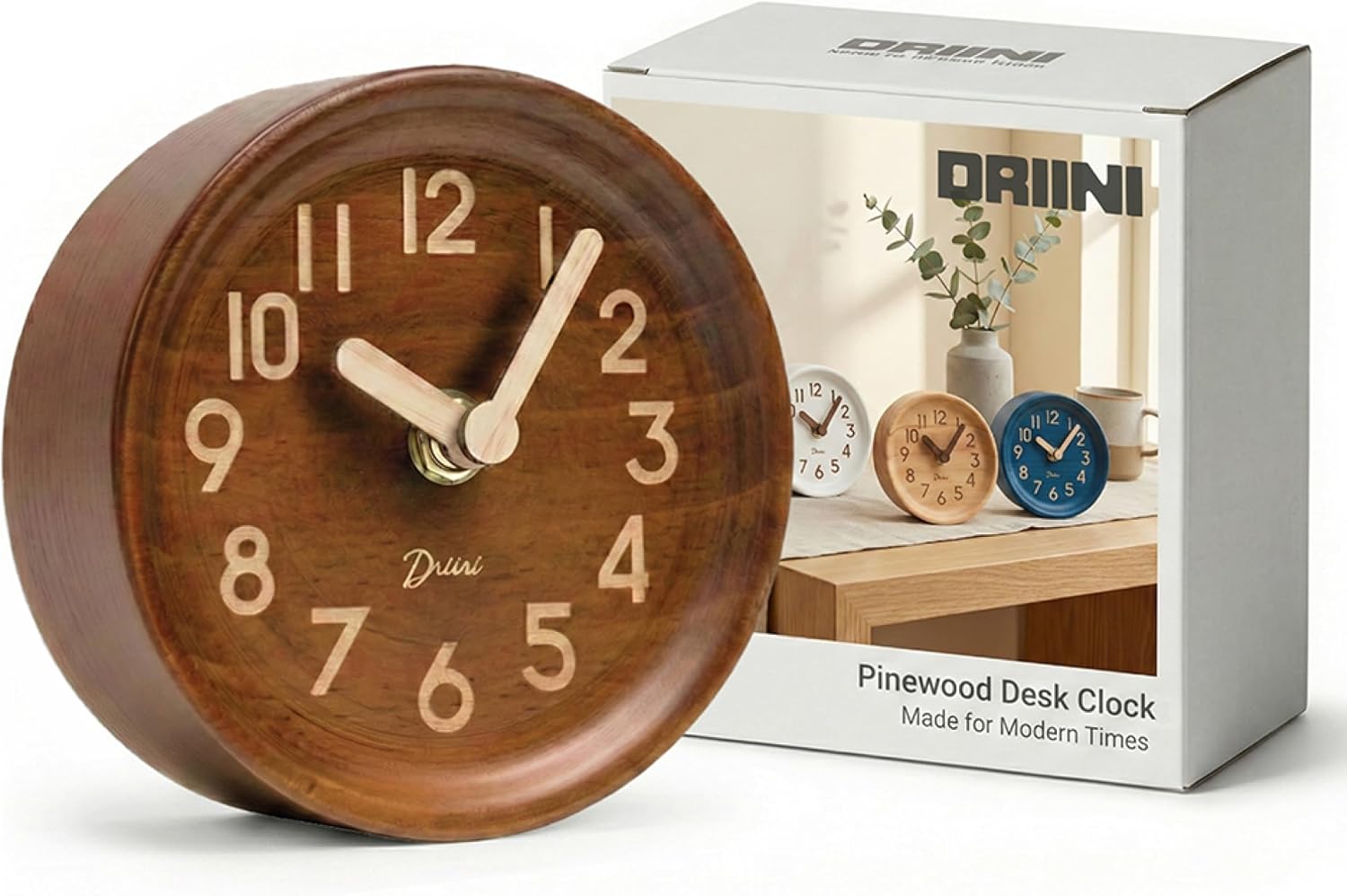 Wooden Analog Desktop Clock – 4.3 in. Decorative Pinewood, No-Tick ...