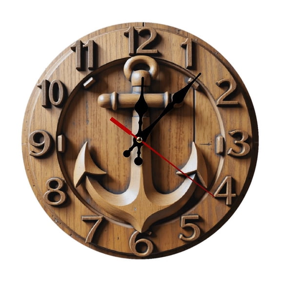 Wooden Anchor Wall Clock 10 Inch Silent Non Ticking Round Clock Decoration for Living Room Kitchen Bedroom Bathroom Office Classroom