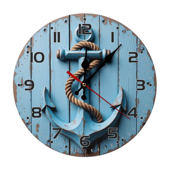 Wooden Anchor Wall Clock 10 Inch Silent Non Ticking Round Clock Decoration for Living Room Kitchen Bedroom Bathroom Office Classroom