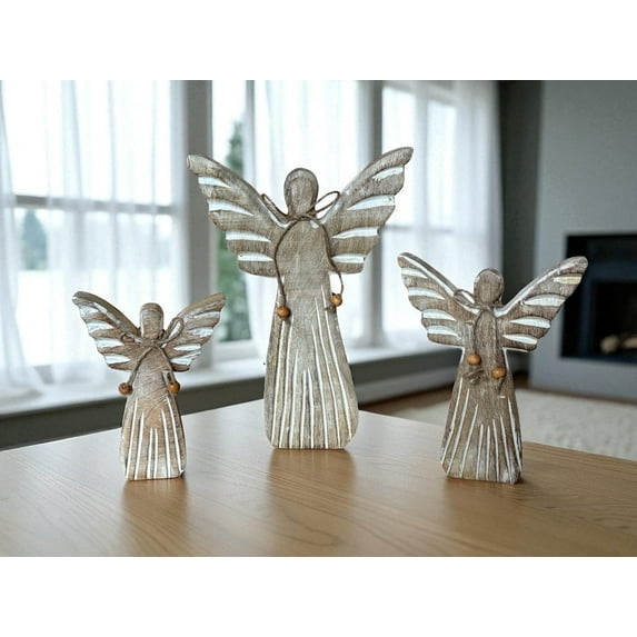 Wooden Angel Figurines Rustic Farmhouse Christmas Décor Inspirational Holiday Ornaments Tabletop Centerpiece Mantel Shelf Decorations Religious Wooden Angels for Home Office (Set of 3)