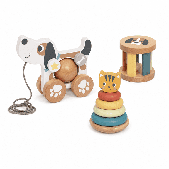 Tooky Toy Wooden Push & Pull Animal Activity Toy Set for Babies 12 Months+, Dog, Stacking Rings & Rattle