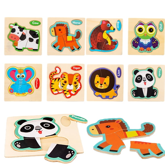 Wooden Animal Chunky Jigsaw Peg Puzzles for Toddlers Age 3+, Montessori Preschool Educational Toys, Fine Motor Hand Eye Coordination Learning Game, Non-Toxic Wood Stocking Stuffer Gift for Boys Girls