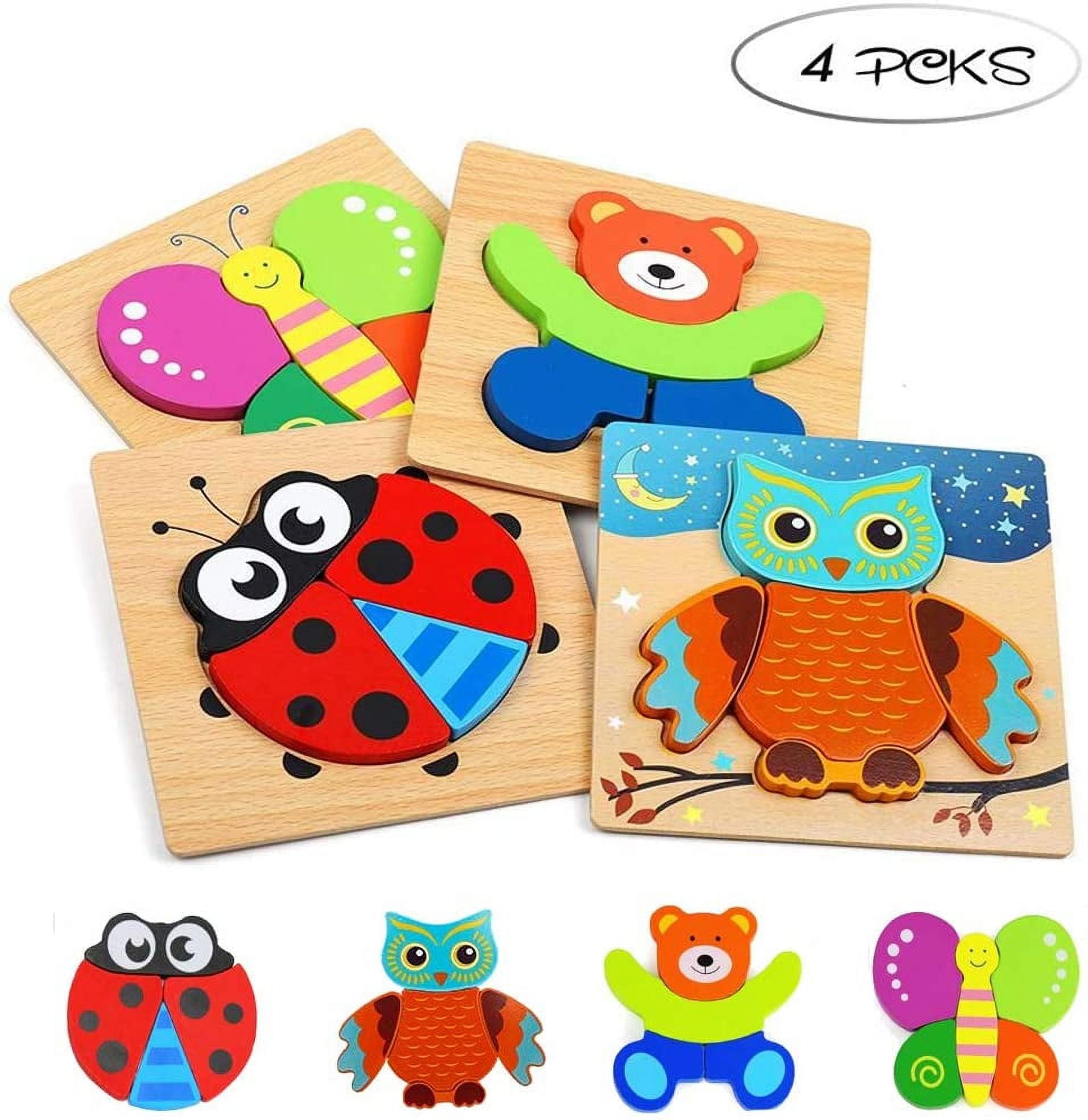 Wooden Animal Jigsaw Puzzles, Puzzles Toys with 4 Animals Patters for Toddlers 1 2 3 Years Old, Boys & Girls Educational Preschool Toys Gift