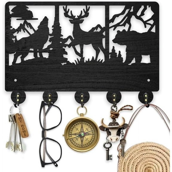 Wooden Animal Landscape Key Hook for Wall 11.8x7.8inch Wolf Deer Wall Mounted Key Rack Bear Tree Art Key Holder with 5 Alloy Hooks for Entryway Bedroom Living Room Home Decor